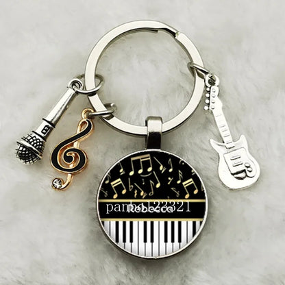 Musical Instrument Piano Guitar Electronic Organ Music Keychain Pendant Musical Note Keychain Keyring Music Glass Dome Jewelry