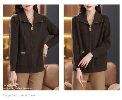 Knitted Cardigan Jacket Women Sweater New Autumn Winter Lapel Zipper Sweater Jacket Loose Solid Outerwear Female Sweatshirt Tops