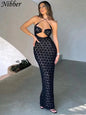 Nibber Dresses Women Maxi Dress Solid Color Hanging Neck Sexy Hollow Perspective Bag Hips Robe Female 2022street Trendy Clothing